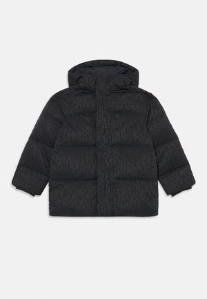 Black puffer jacket with a hood, featuring a tonal logo pattern, zip front, and two large front pockets. Made from lightweight, quilted material.