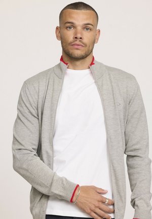 Veste légère zippée grise avec un col rouge et des accents aux poignets rouges, portée par-dessus un t-shirt blanc uni. Le tissu a une texture lisse.