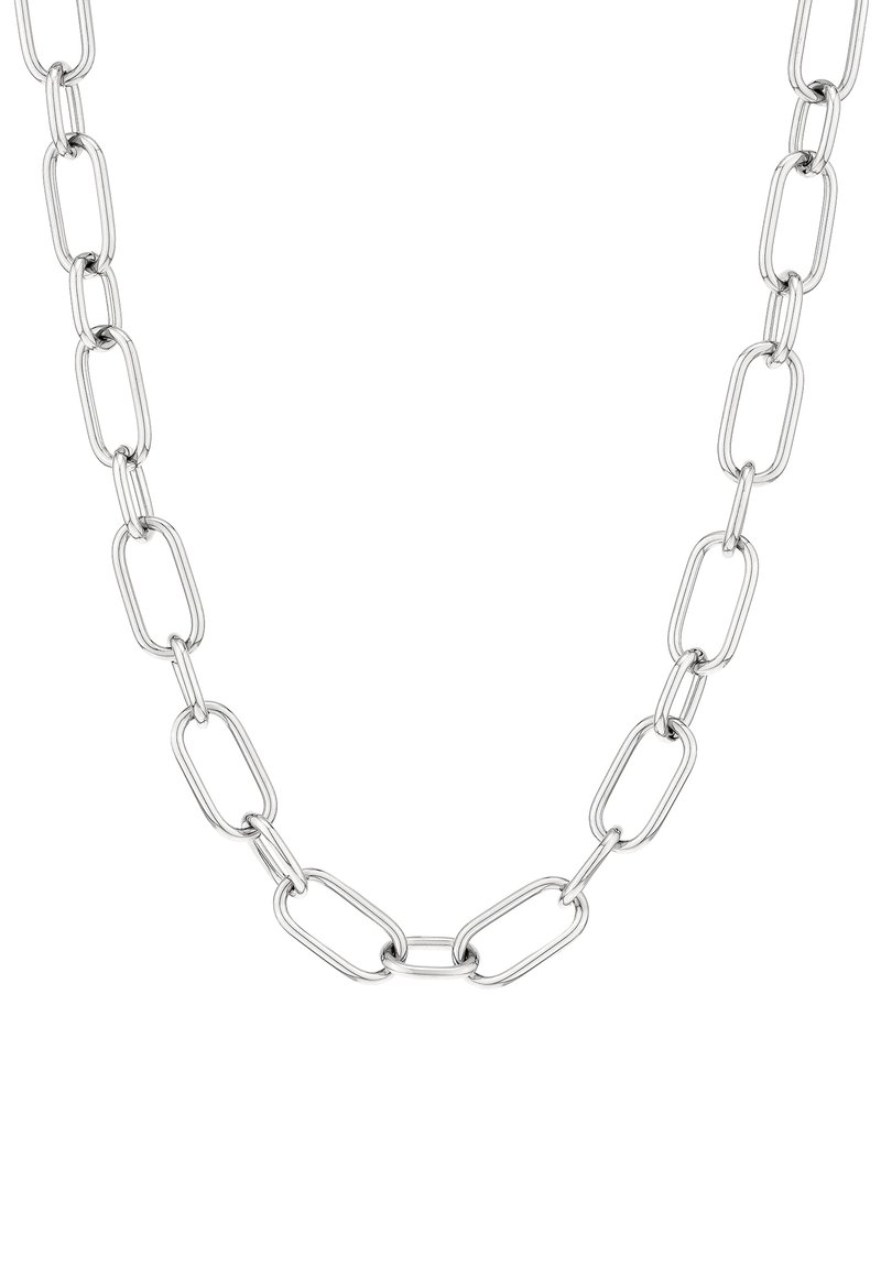 Silberne Metallkette mit verlängerten ovalen Gliedern, glatter Oberfläche und poliertem Finish, geeignet für verschiedene Stile.