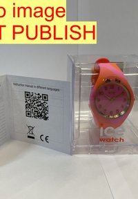 Montre en silicone rose avec un dégradé allant du rose à l'orange, cadran rehaussé d'or, emballage transparent et un mode d'emploi avec un code QR.