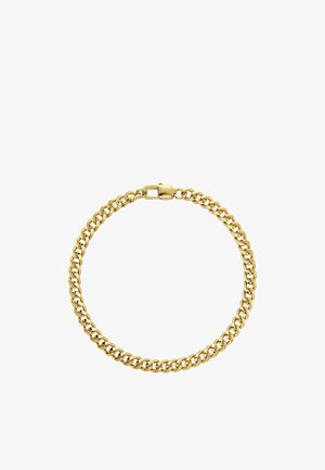 Guld kæde armbånd med sammenlåste ovale led og en hummerlås på hvid baggrund.