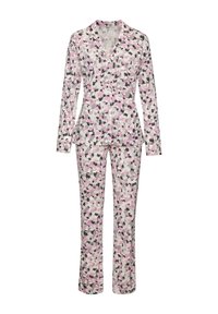 Damen-Pyjama-Set aus weichem Stoff, mit einem abstrakten Muster in Pink, Schwarz und Grau. Figurbetonter Schnitt mit langen Ärmeln und Hosen.