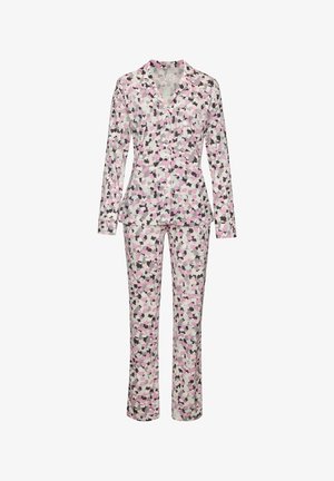 Ensemble de pyjama pour femmes en tissu doux, avec un motif abstrait rose, noir et gris. Coupe ajustée avec des manches longues et un pantalon.
