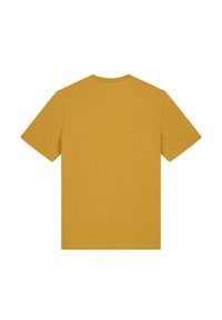 Mosterdgele t-shirt met korte mouwen, ronde hals en een gladde katoenen textuur. Eenvoudig en effen kleurontwerp zonder extra patronen.