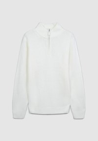 Pullover bianco lavorato a maglia con colletto alto, dotato di una zip corta davanti e polsini e bordo a coste. Morbido al tatto e dalla vestibilità rilassata.