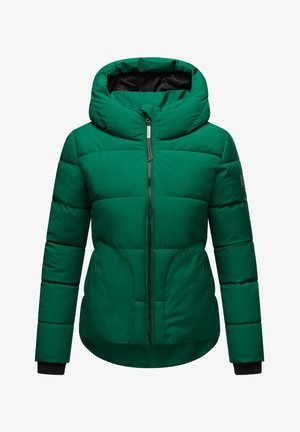 Groene gewatteerde jas met een hoge kraag, volledige ritssluiting en zwarte accenten. Beschikt over een afgeronde zoom en gestikte panelen voor extra textuur.