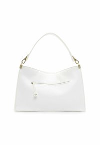 Borsa a tracolla in pelle bianca con superficie testurizzata, parte superiore curva e accessori in oro. Presenta una tasca esterna con zip per riporre gli oggetti.