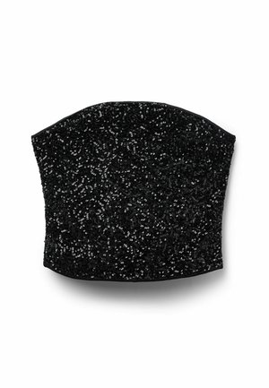 Top corsé negro con lentejuelas de forma estructurada, textura suave y diseño ajustado. Presenta lentejuelas brillantes en un patrón fluido.