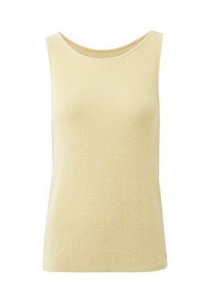 Top beige sin mangas de punto acanalado con cuello redondo y dobladillo recto, mostrado sobre fondo blanco.