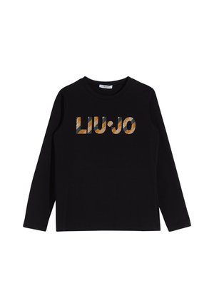 Chemise noire à manches longues avec le texte « LIU·JO » en rayures diagonales brillantes dorées, argentées et bronzes sur la poitrine.