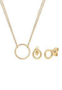 Goldbeschichtetes Schmuckset mit einer Kettenhalskette und einem runden Anhänger sowie zwei Ohrsteckern, alles in einem polierten Finish.