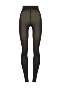 Zwarte ondoorzichtige leggings gemaakt van rekbaar materiaal. Ze hebben een hoge tailleband, een gladde textuur en een aansluitend ontwerp.