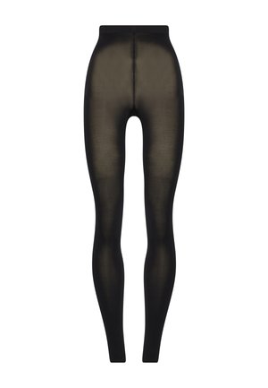 Zwarte ondoorzichtige leggings gemaakt van rekbaar materiaal. Ze hebben een hoge tailleband, een gladde textuur en een aansluitend ontwerp.