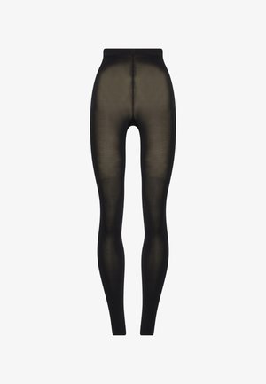 Leggings opaques noirs fabriqués dans un matériau extensible. Ils ont une taille haute, une texture lisse et un design ajusté.