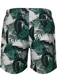 Schwimmshorts mit einem grünen und weißen tropischen Palmblattmuster, aus leichtem Stoff mit elastischem Bund und einer Gesäßtasche.