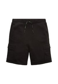 Černé volné šortky s elastickým pasem, šňůrkou, bočními kapsami a cargo kapsami na každé noze.