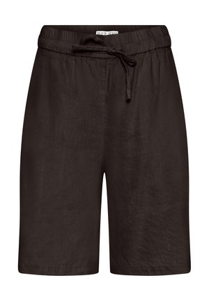 Șort maro închis până la genunchi cu talie elastică și șnur din material legat în față.