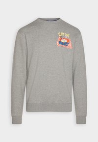Felpa grigia con maniche lunghe, polsini a costine, collo a giro e una grafica da cartone animato multicolore che presenta il testo “EAT THE BEAT.”