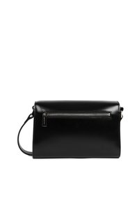 Sac en cuir noir à porter en bandoulière, de forme rectangulaire, avec une poche zippée à l'avant et une bandoulière amovible. Texture lisse.