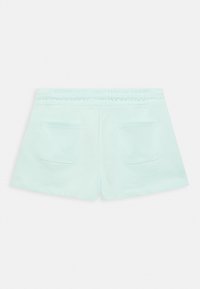 Bermudas de algodão verde menta claro com uma textura suave, cintura elástica e dois bolsos traseiros. Design simples com corte reto.