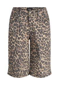 Shorts en denim à imprimé léopard avec une coupe droite, dotés d'une fermeture à bouton, de passants de ceinture et de détails de surpiqûre contrastants.