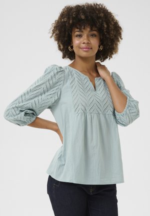 Blouse bleu clair avec un corsage texturé présentant des motifs découpés, des manches bouffantes et une coupe décontractée. L'encolure en V ajoute une touche de détail.