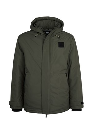 Olijf groene geïsoleerde parka jas met een capuchon, voorzien van een ritssluiting aan de voorkant, twee zijzakken en een zwart stoffen label op de borst.