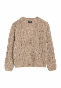 Beżowy sweter z dzianiny z dekoltem w serek, o otwartej strukturze i długich rękawach. Posiada pięć brązowych guzików z przodu. Teksturowany materiał.