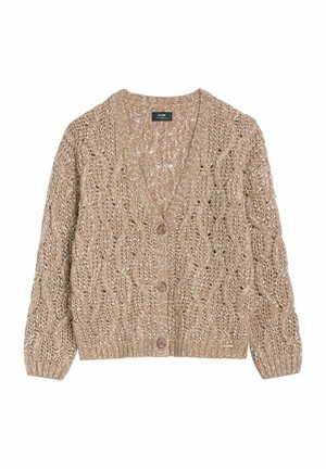 Beżowy sweter z dzianiny z dekoltem w serek, o otwartej strukturze i długich rękawach. Posiada pięć brązowych guzików z przodu. Teksturowany materiał.