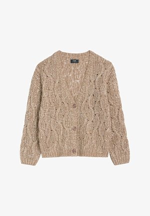 Beżowy sweter z dzianiny z dekoltem w serek, o otwartej strukturze i długich rękawach. Posiada pięć brązowych guzików z przodu. Teksturowany materiał.