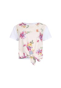 T-shirt med korte ærmer, der har et blomsterdesign foran i creme med lilla, pink og gule nuancer, samt en knude-detalje foran.