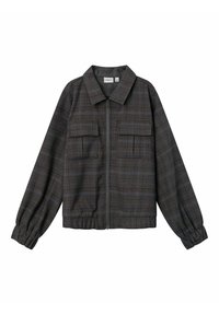 Rutjacka i mörkgrå och bruna nyanser, med dragkedjestängning, bred krage, två bröstfickor och elastiska ärmslut.