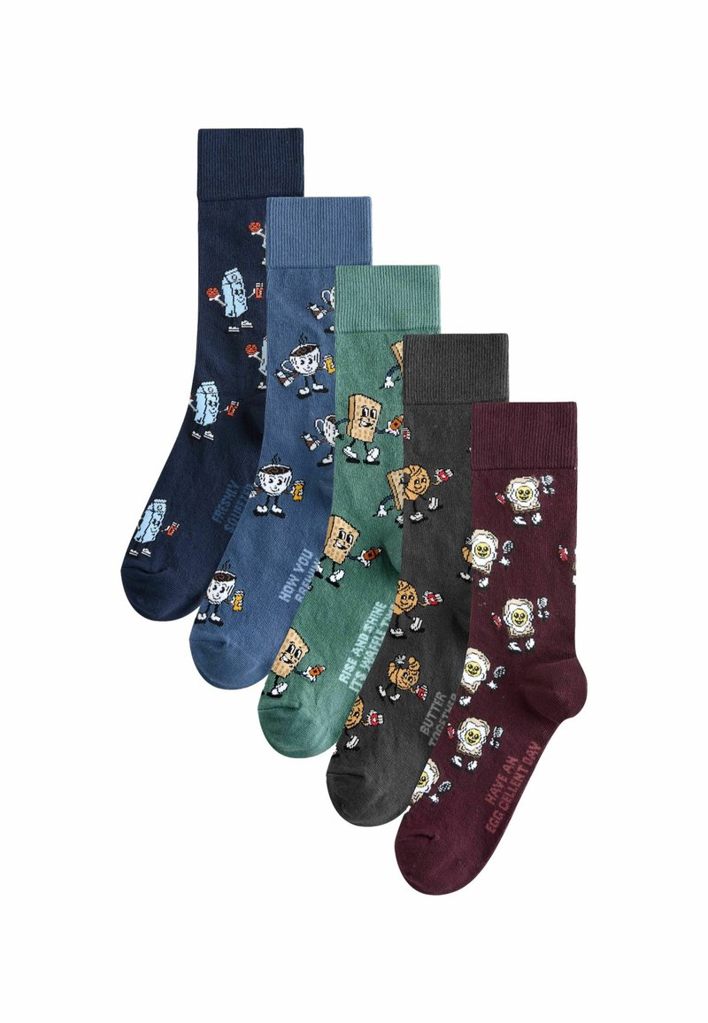 Set de șase șosete din amestec de bumbac în culori diverse: bleumarin, teal, verde, gri și burgund, cu imprimeuri jucăușe cu personaje de desene animate și text.