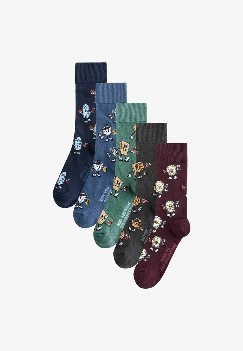 Set de șase șosete din amestec de bumbac în culori diverse: bleumarin, teal, verde, gri și burgund, cu imprimeuri jucăușe cu personaje de desene animate și text.