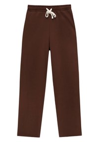 Brune sweatpants lavet af blødt materiale, med en elastisk talje og en cremefarvet snor samt lige ben.