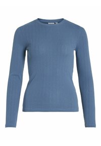 Camiseta de manga larga de color azul claro con escote redondo, patrón texturizado y silueta ajustada, confeccionada en un material suave y elástico.