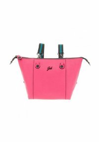 Borsa a mano in pelle rosa con una forma strutturata, chiusura superiore con cerniera e doppi manici con accenti turchesi e accessori neri.