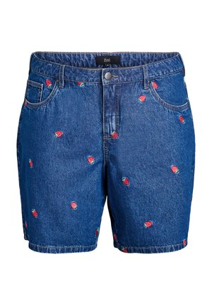 Denim shorts in blue with red strawberry embroidery. Features five pockets, a button closure, and a straight cut hem.