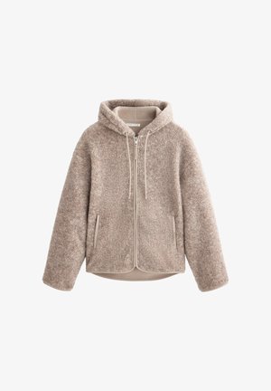 Giacca in pile beige con cappuccio, dotata di zip frontale, tessuto strutturato e due tasche laterali. Materiale morbido e caldo, con una vestibilità rilassata.