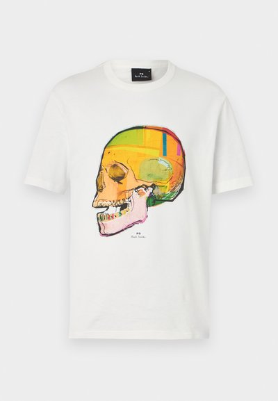 Balta kokvilnas T-kreklā ir krāsains skeleta attēls dzeltenās, oranžās un rozā krāsās. Uz kakla tagiņa ir uzraksts "Paul Smith".