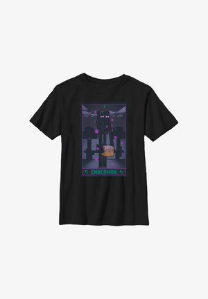 Czarny bawełniany t-shirt z grafika przedstawiającą postać Endermana trzymającego blok, z purpurowymi i zielonymi akcentami oraz pikselowym tłem.