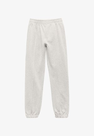 Hellgraue Trainingshose mit elastischem Bund und Bündchen. Hergestellt aus weichem, strukturiertem Stoff, mit lockerer Passform und seitlichen Nähten.