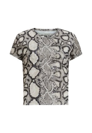 Short-sleeve T-shirt in a snake print pattern, featuring a blend of grey, black, and white tones with a smooth texture and round neckline.