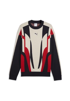 Suéter de manga larga Puma con cuello redondo, con patrones geométricos abstractos en beige, negro y rojo en el frente y las mangas.