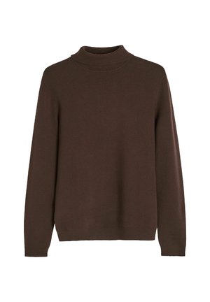 Brązowy, długi sweter dzianinowy z półgolfem oraz ściągaczami na mankietach i u dołu, na białym tle.