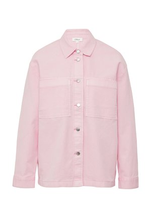 Roze spijkerjack met een opgevouwen kraag, knoopsluiting en twee borstzakken. Voorzien van zilverkleurige metalen knopen en lange mouwen.