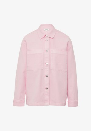 Rosa Jeansjacke mit umgeschlagenem Kragen, Knopfverschluss und zwei Brusttaschen. Verfügt über silberne Metallknöpfe und lange Ärmel.