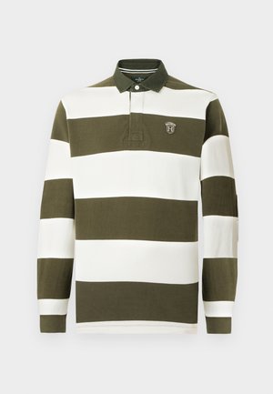 Lange mouw polo met brede olijfgroene en witte strepen, voorzien van een kraag, knoopsluiting en een geborduurd logo op de borst.
