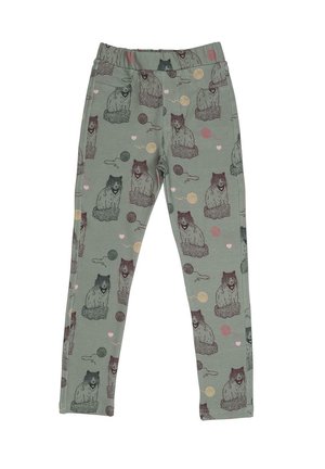 Grüne Leggings mit elastischem Bund, die ein wiederholtes Muster von Katzen und Wollknäueln in verschiedenen Farben zeigt, aus weichem Stoff gefertigt.