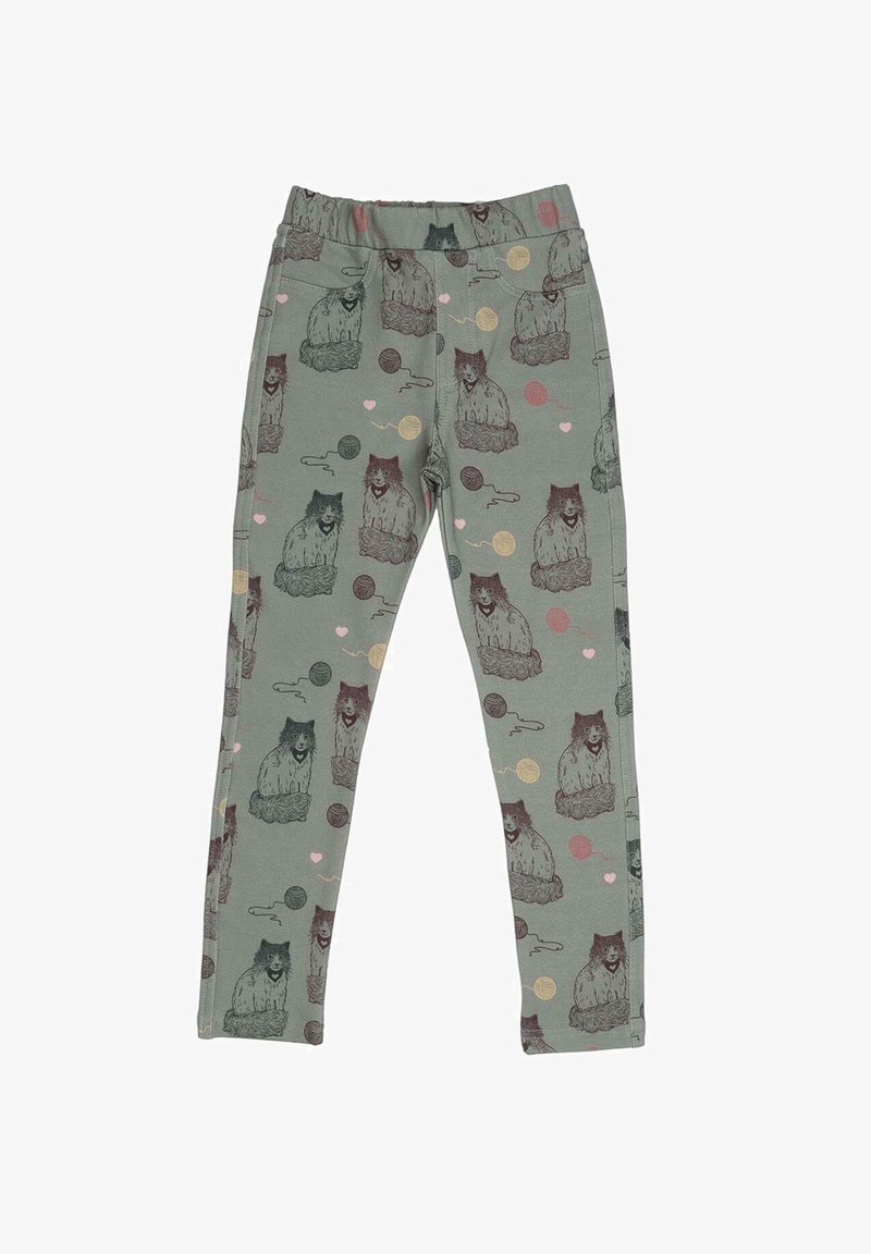 Grüne Leggings mit elastischem Bund, die ein wiederholtes Muster von Katzen und Wollknäueln in verschiedenen Farben zeigt, aus weichem Stoff gefertigt.